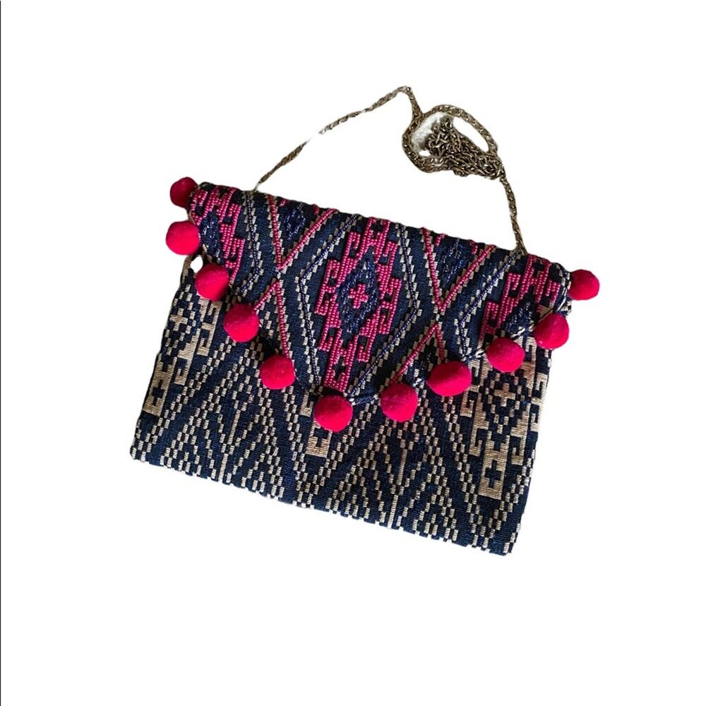 Boho Tribal Woven Crossbody Bag Pom Pom Envelope Clutch Pink Navy